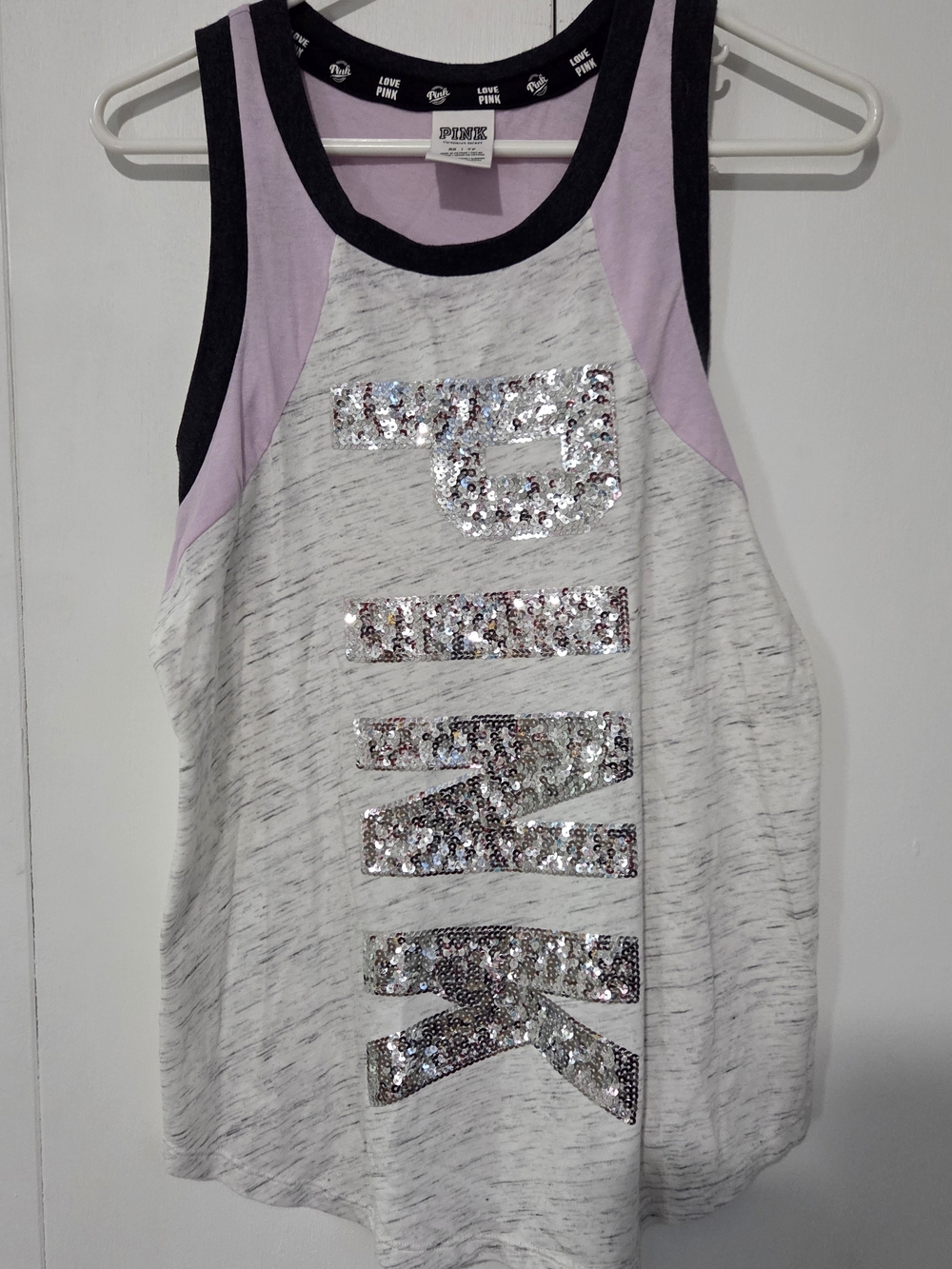 Y2k PINK Victoria's Secret Sequin Logo Tank Top in Lavender and Heather Gray